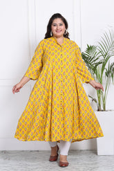 Plus Size Yellow Floral Print Flared Long Kurta-400018